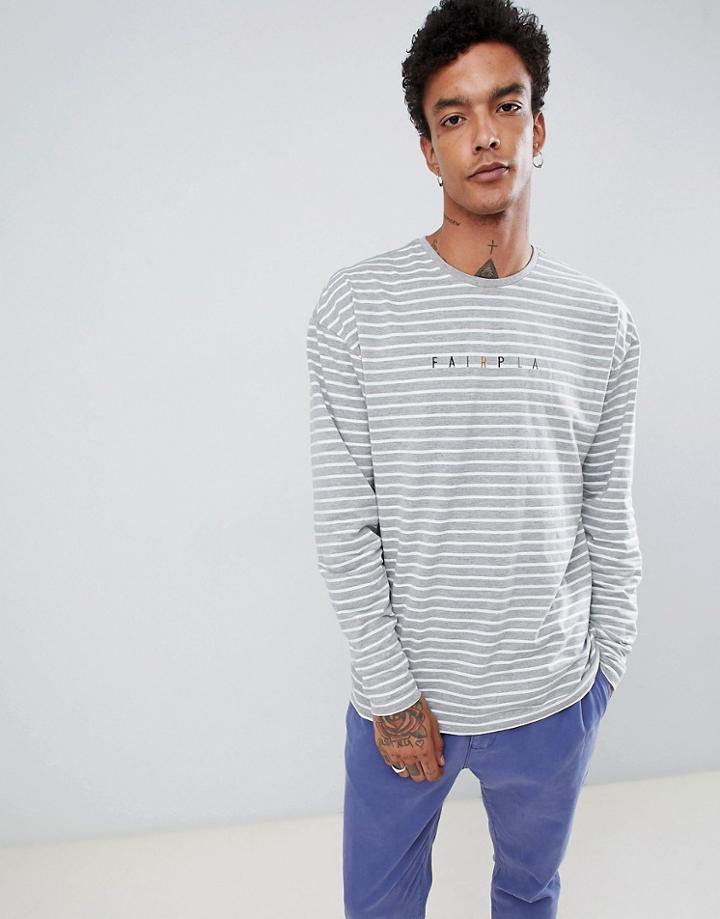 Fairplay Long Sleeve Striped T-shirt With Chest Embroidery In Gray - Gray