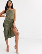 Public Desire Midi Cami Dress With Cowl Neck And Ruching In Satin - Green
