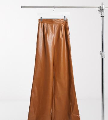 Naanaa Tall Faux Leather Wide Leg Pants In Tan-brown