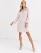 Lipsy Long Sleeve Embroidered Shift Dress In Pearl Pink - Pink