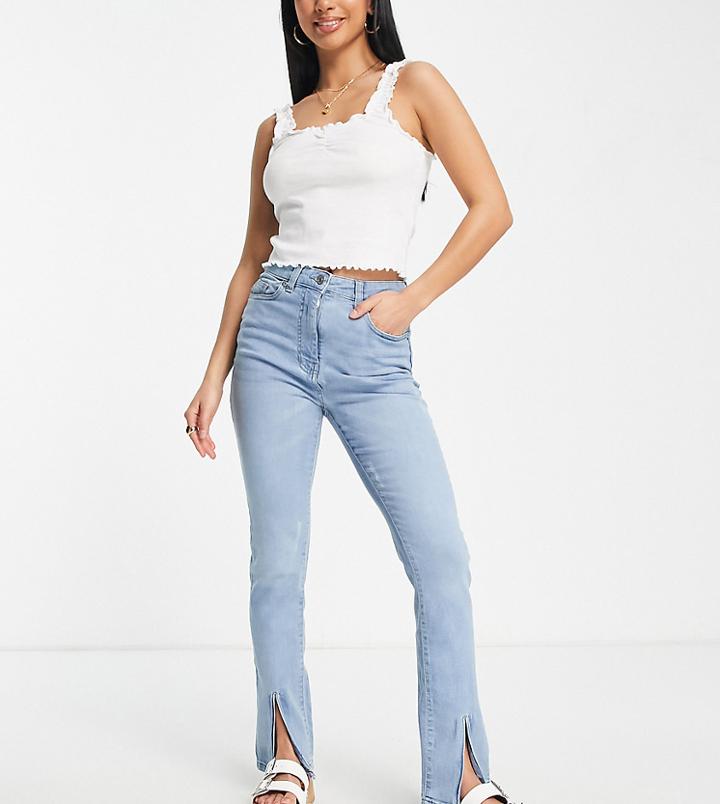Parisian Petite Front Split Flared Jeans In Light Blue