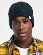 Farah Logo Cable Knit Beanie Hat In Gray-navy