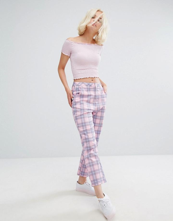 Lazy Oaf Bow Bum Check Kick Flare Pants - Pink