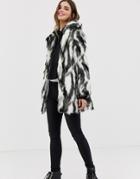 Qed London Abstract Animal Faux Fur Coat - Black