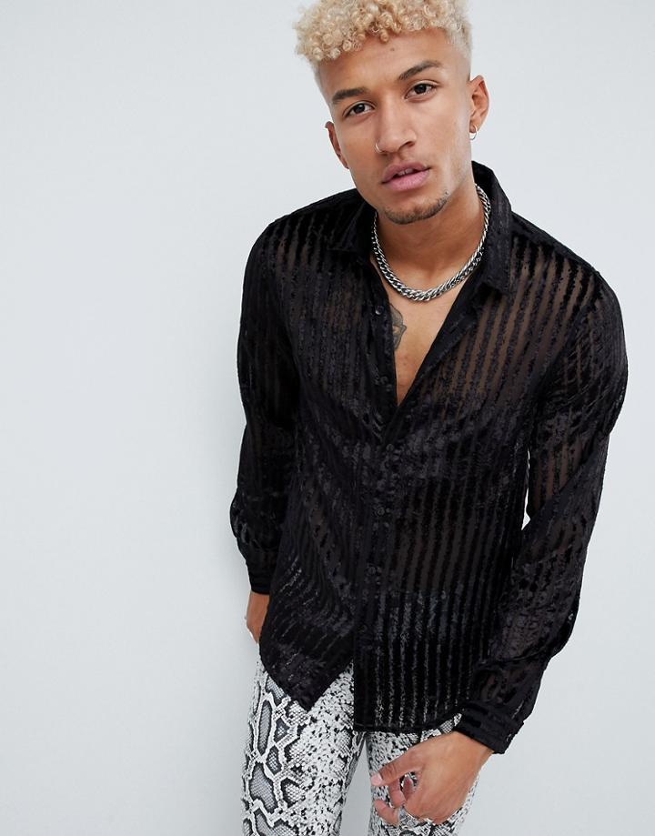 Asos Design Party Regular Fit Velvet Burnout Stripe Shirt In Black - Black