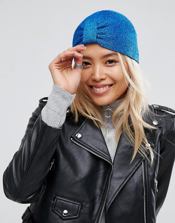 Asos Blue Metallic Knitted Knot Front Hat - Blue