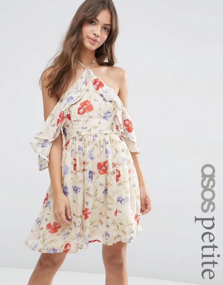 Asos Petite Cold Shoulder Mini Dress With Ruffle Sleeve In Vintage Floral Print - Multi