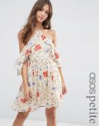 Asos Petite Cold Shoulder Mini Dress With Ruffle Sleeve In Vintage Floral Print - Multi
