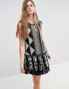 Anna Sui Fringe Shift Dress In Bark Cloth Jacquard - Black Print