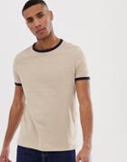 Asos Design Organic T-shirt In Beige With Navy Contrast Ringer - Beige