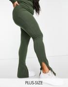 I Saw It First Plus Contrast Ribbed Hem Slit Leggings In Green