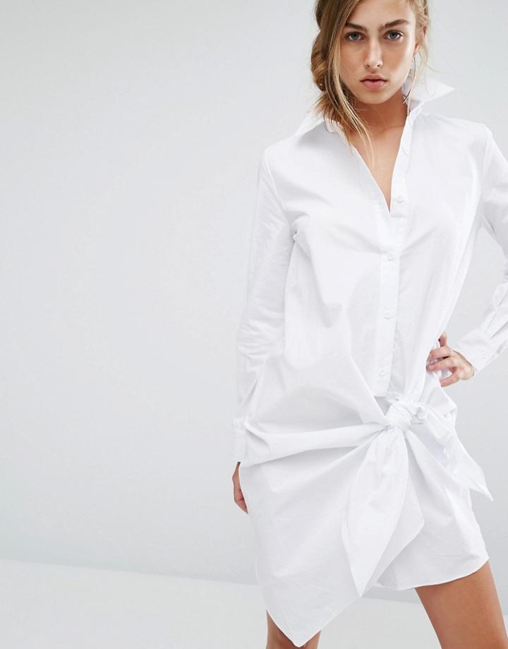Parallel Lines Shirt Dress With Knotted Skirt - White