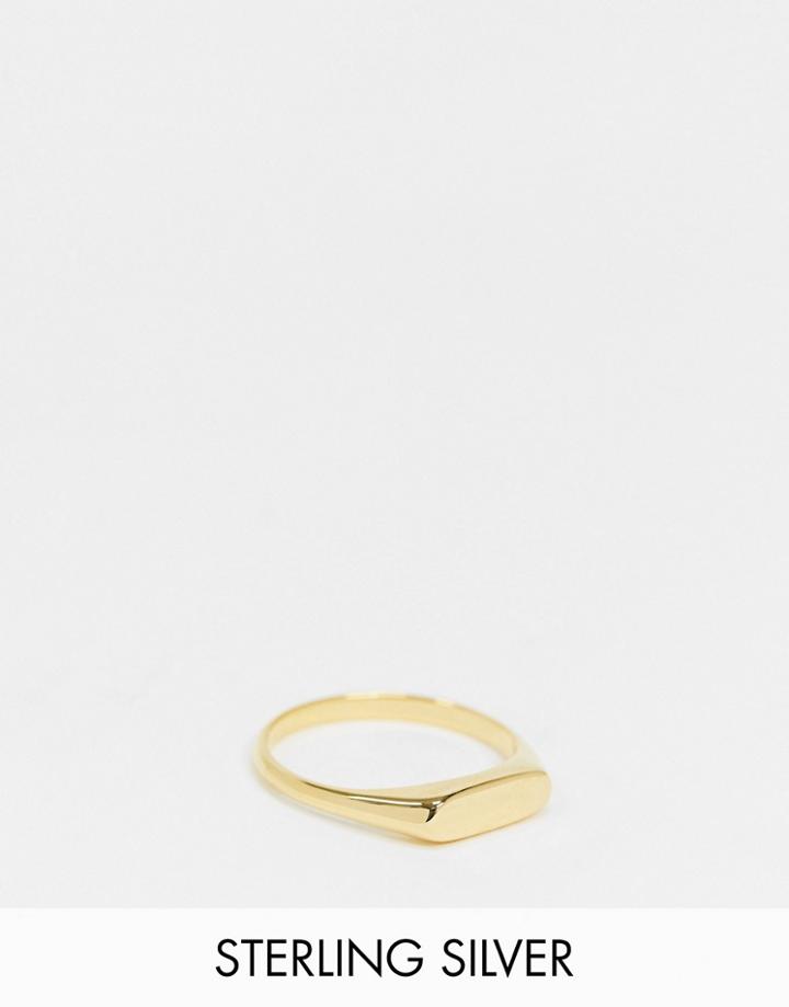 Asos Design Sterling Silver Signet Ring With Slim Design With 14k Gold Plate