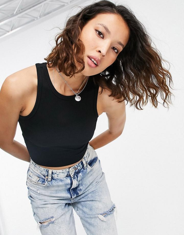Urban Revivo Ribbed Jersey Tank Top In Black