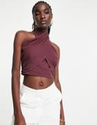 Asos Design Natural Crinkle Halter Top With Shirred Waist In Chocolate-multi