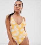 Asos Design Petite Frill Leg Strappy Back Swimsuit In Outline Yellow Palm-multi
