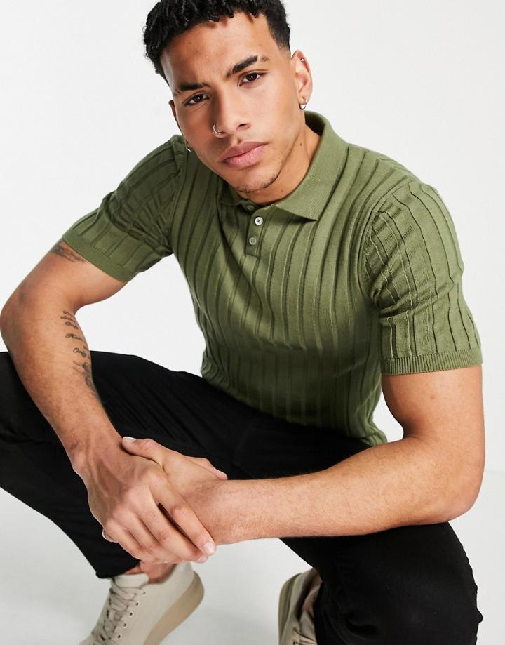 Asos Design Knitted Ribbed Polo Neck T-shirt Khaki-green