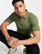 Asos Design Knitted Ribbed Polo Neck T-shirt Khaki-green
