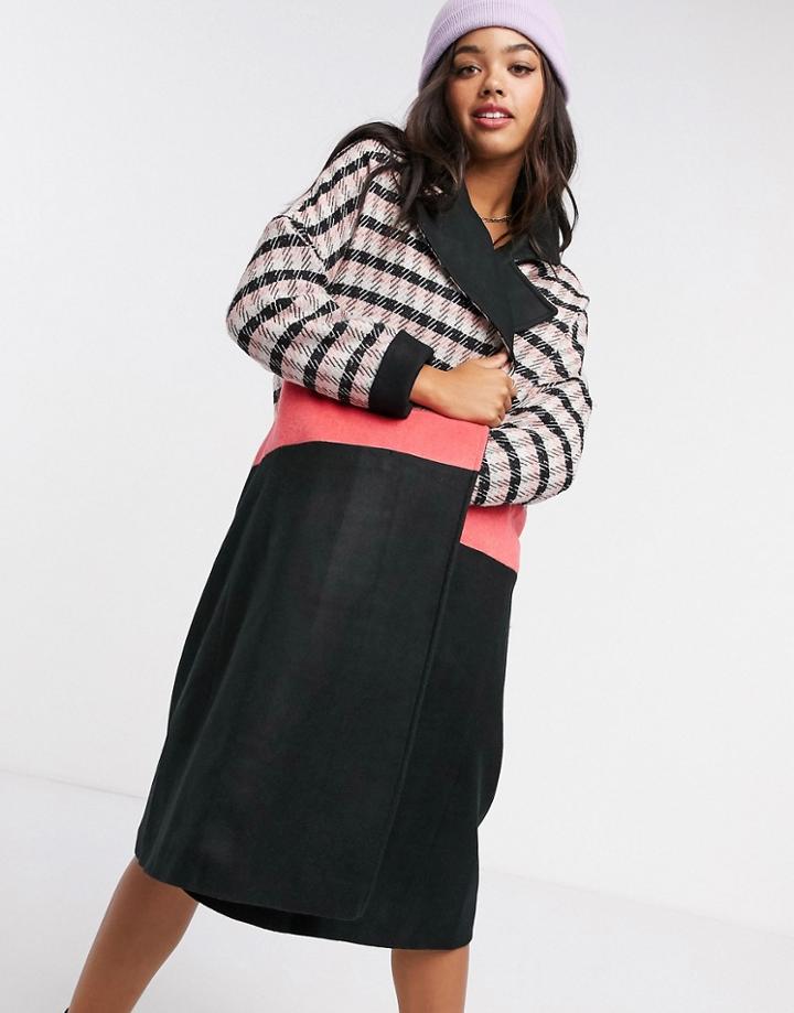 Liquorish Straight Coat In Check And Contrast Waist-black