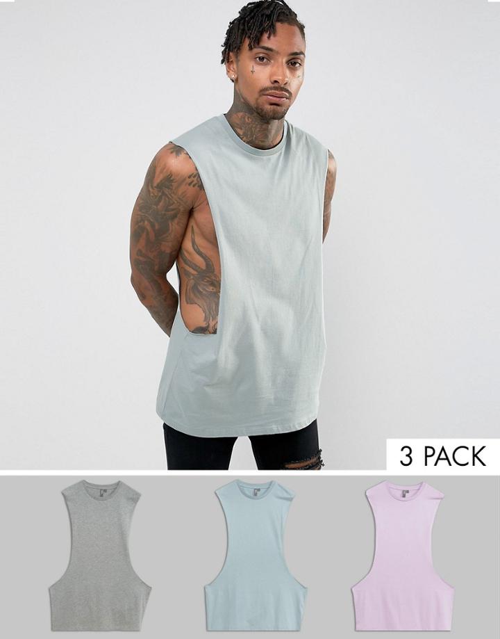 Asos 3 Pack Longline Sleeveless T-shirt In Gray Marl/purple/gray With Extreme Dropped Armhole Save - Multi