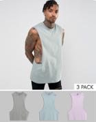Asos 3 Pack Longline Sleeveless T-shirt In Gray Marl/purple/gray With Extreme Dropped Armhole Save - Multi