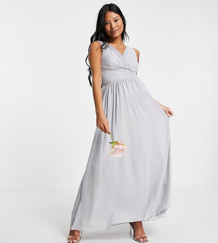 Little Mistress Petite Bridesmaid V Neck Maxi Dress In Gray-grey