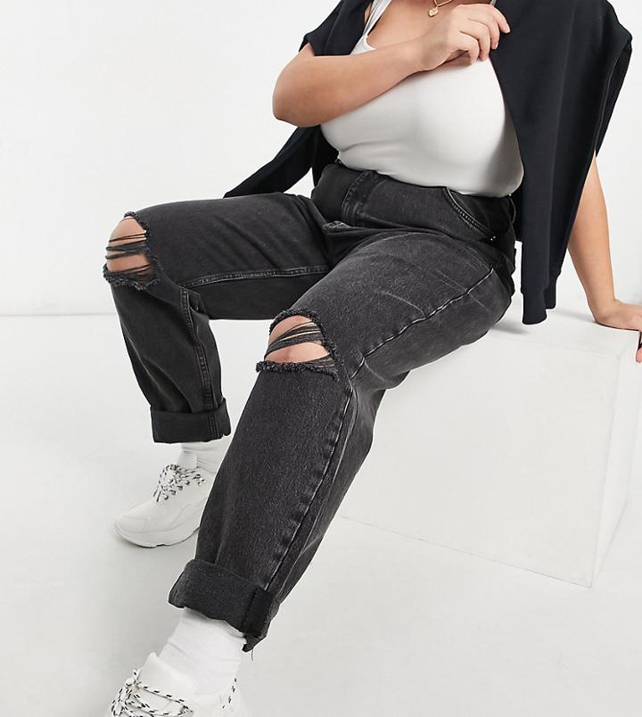 Asos Design Curve High Rise 'slouchy' Mom Jeans In Washed Black With Rips