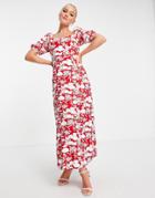 In The Style X Jac Jossa Flutter Sleeve Midi Dress With Thigh Split In Red Floral Print-multi