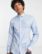 Twisted Tailor Limerick Shirt With Patchwork Stripes In Blue