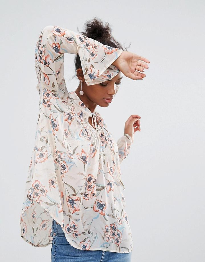 Crescent Floral Print Bell Sleeve Blouse With Front Smocking Detail - Cream