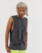 Asos Design Relaxed Sleeveless T-shirt With Dropped Armhole In Acid Wash - Gray
