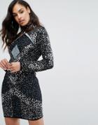Starlet High Neck Mini Dress With Geometric Embellishment - Gray