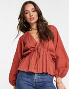 Asos Design Natural Crinkle Top With Side Ties In Rust-multi
