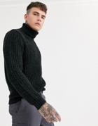 Asos Design Heavyweight Fisherman Rib Roll Neck Sweater In Charcoal-gray