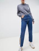 Asos Design Recycled Florence Authentic Straight Leg Jeans With Side Splits In Rich Stonewash Blue - Blue