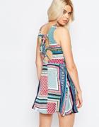 Daisy Street Skater Dress With Lace Up Back In Scarf Print - Multi Scarf