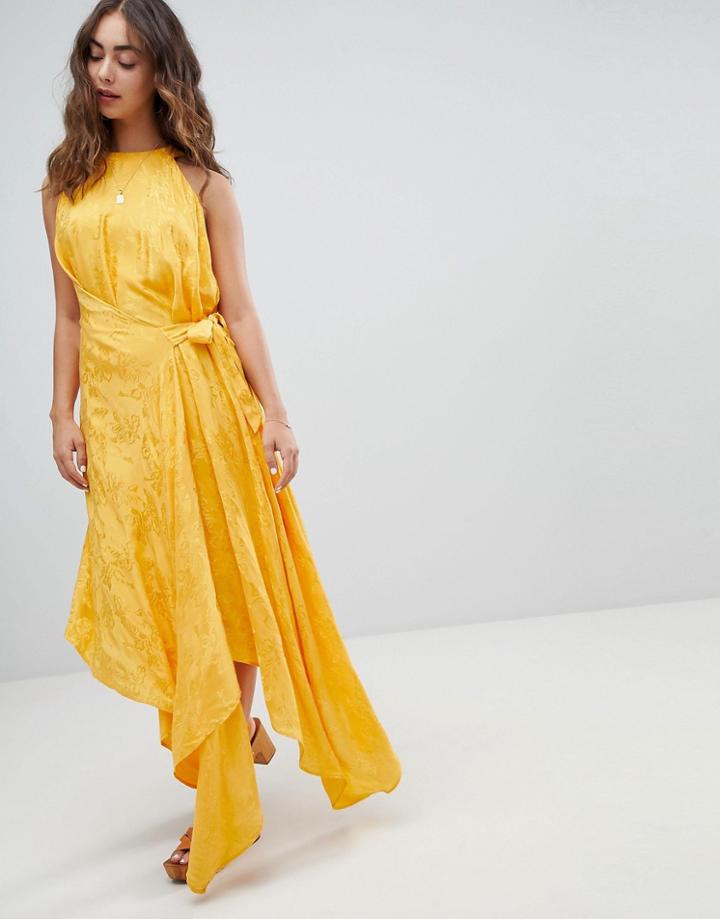 Asos Design Drape Midi Dress With Tab Side In Soft Jacquard-orange