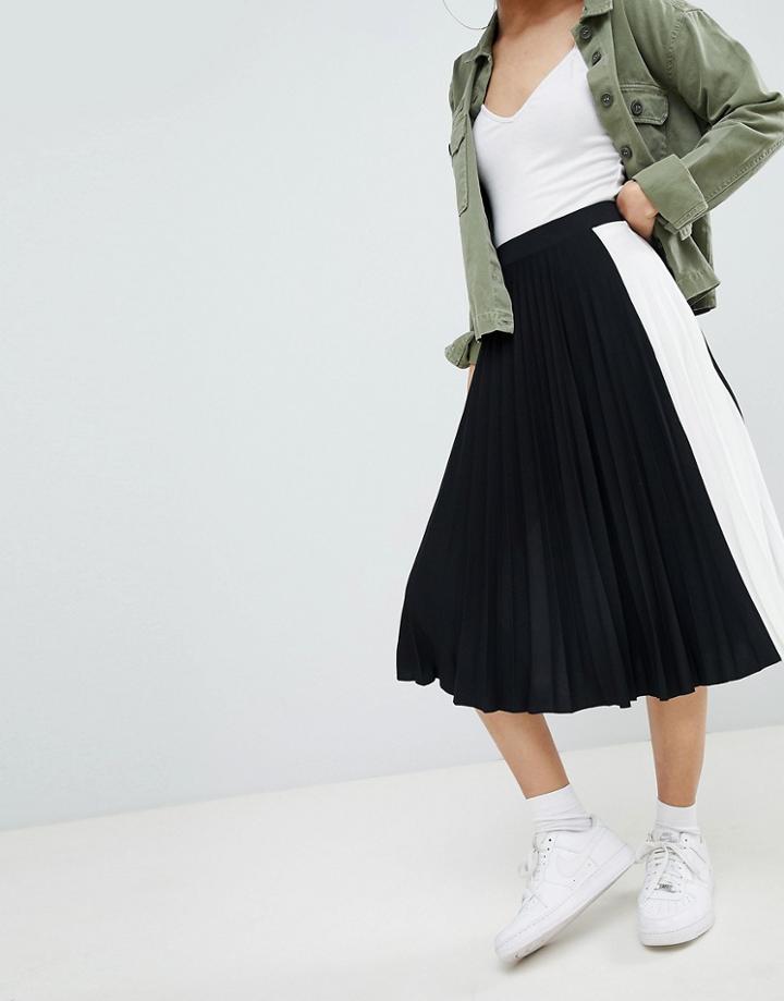 Bershka Side Stripe Pleated Midi Skirt In Black - Green