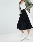 Bershka Side Stripe Pleated Midi Skirt In Black - Green