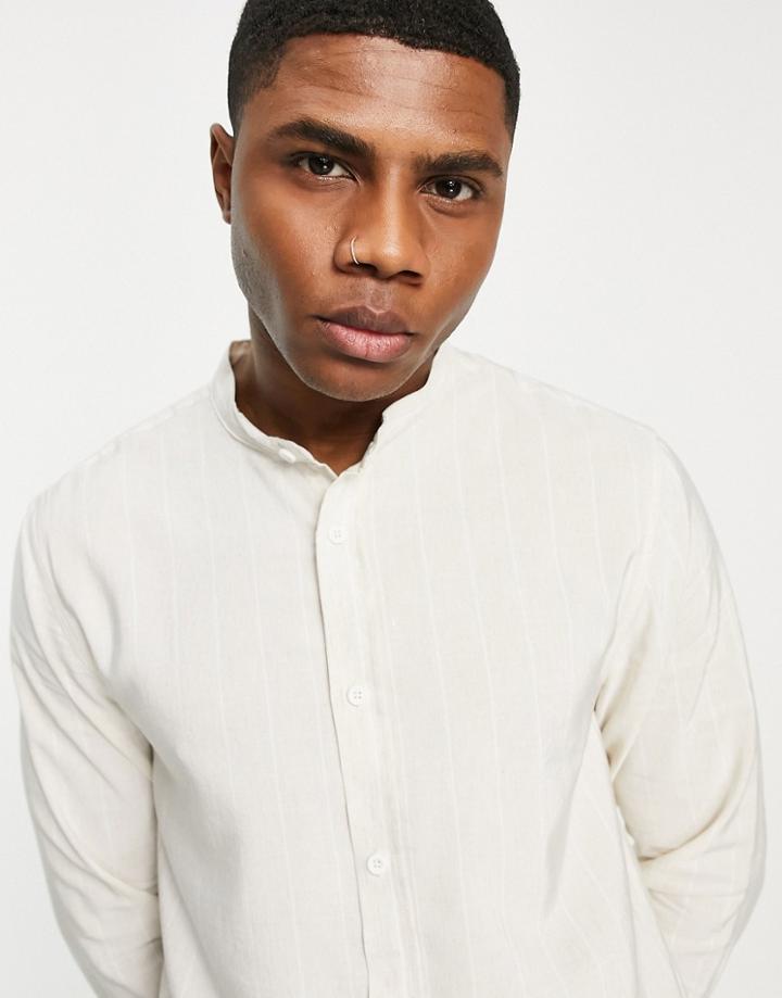 Bershka Striped Grandad Shirt In Ecru-white