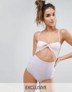 Monki Contrast Knot Front Cutout Swimsuit - Pink