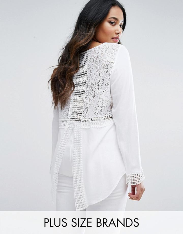 Lovedrobe Lace Insert Woven Top With Split Back And Crochet Detail - White