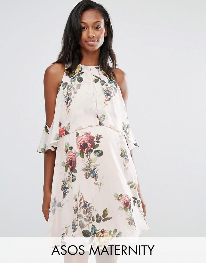 Asos Maternity Floral Mini Dress With Extreme Cold Shoulder - Multi