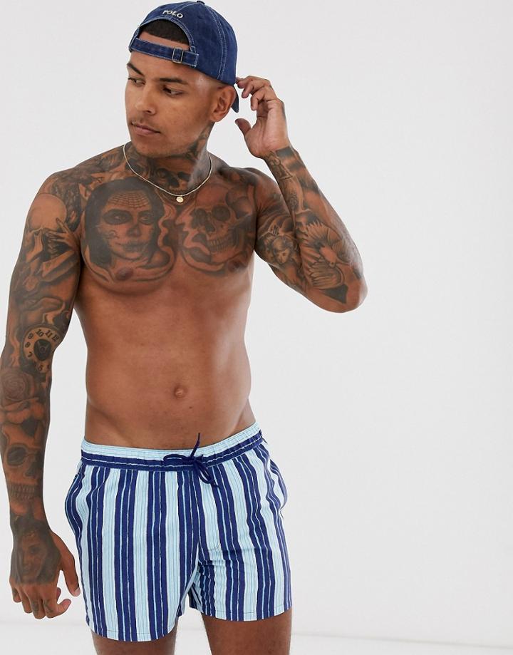 Asos Design Swim Short In Blue Stripe Short Length
