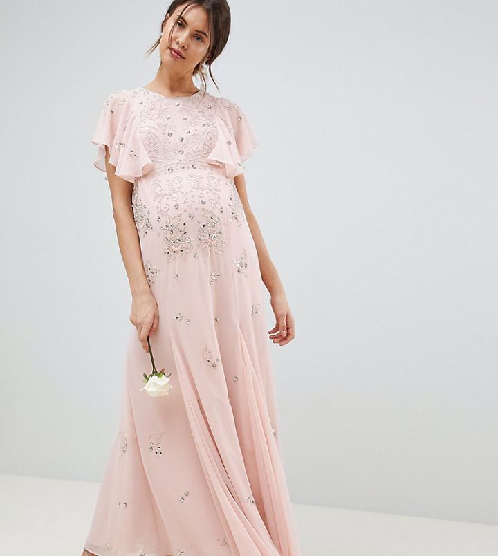 Asos Design Maternity Delicate Embellished Bridesmaids Maxi Dress With Angel Sleeve - Pink