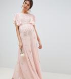 Asos Design Maternity Delicate Embellished Bridesmaids Maxi Dress With Angel Sleeve - Pink
