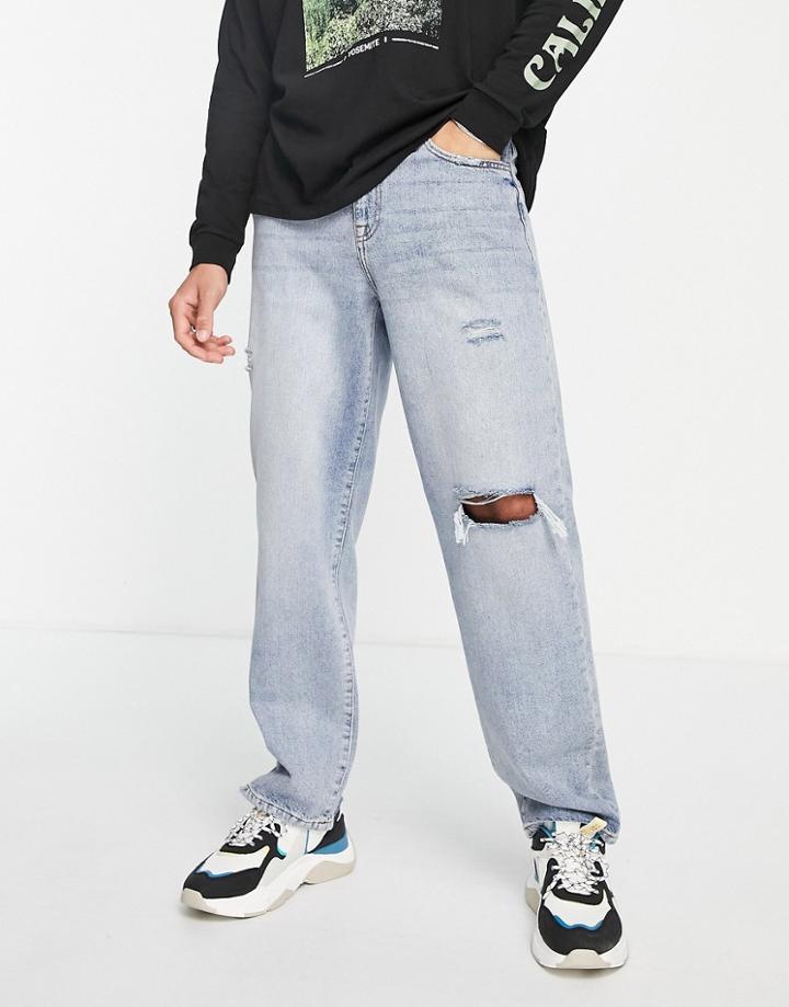 Asos Design Baggy Jeans In Light Wash Blue With Rips-blues