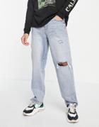 Asos Design Baggy Jeans In Light Wash Blue With Rips-blues