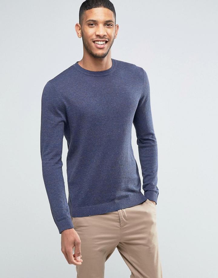 Asos Crew Neck Sweater In Navy Twist Cotton - Navy