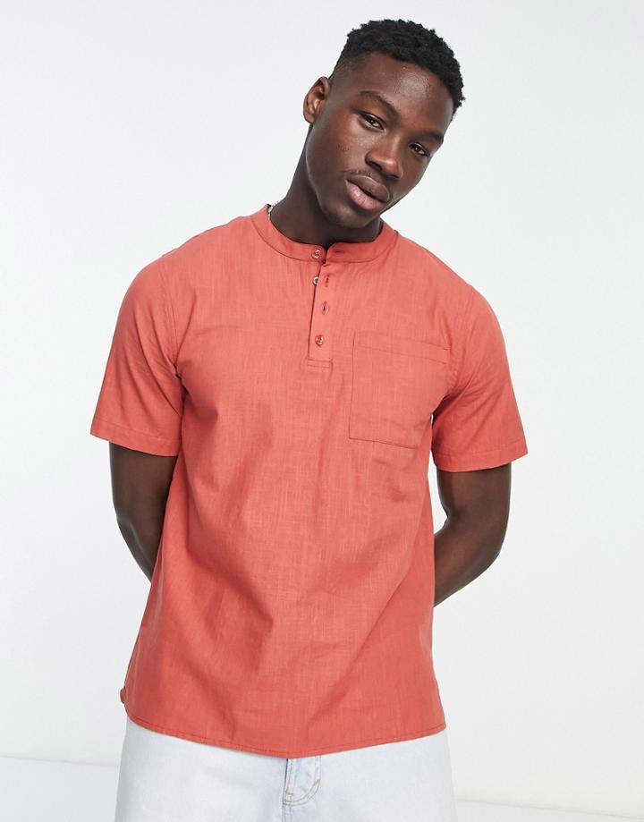 Bolongaro Trevor Linen Grandad Shirt In Rust-red